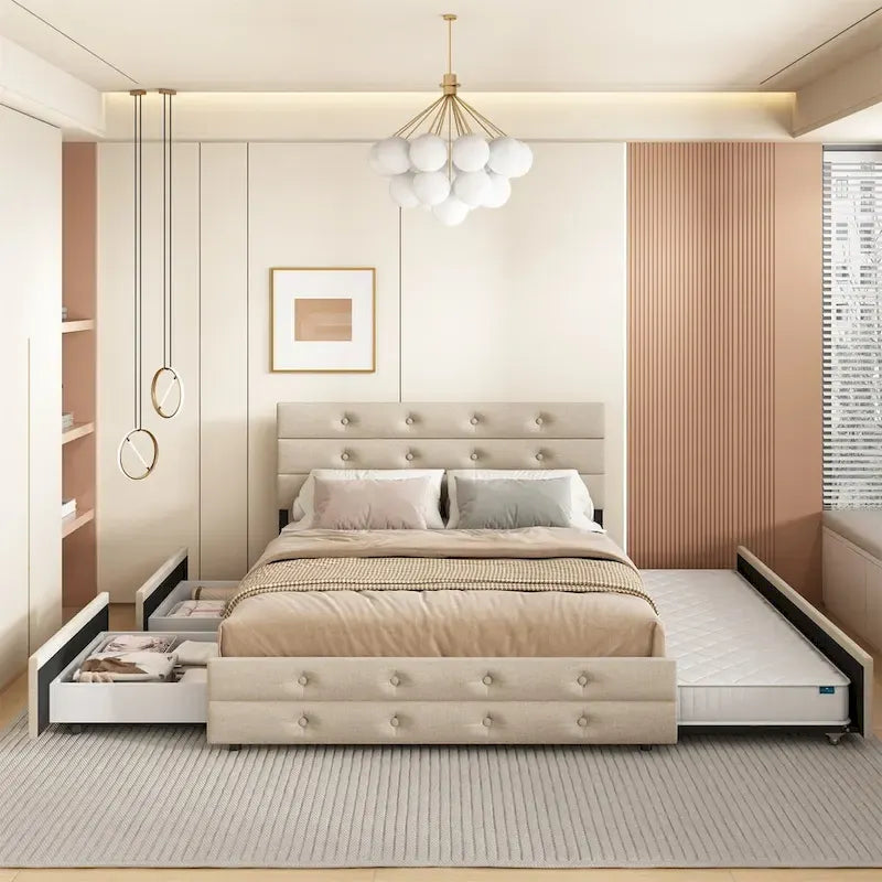 Queen Size Upholstered Linen Fabric Trundle bed