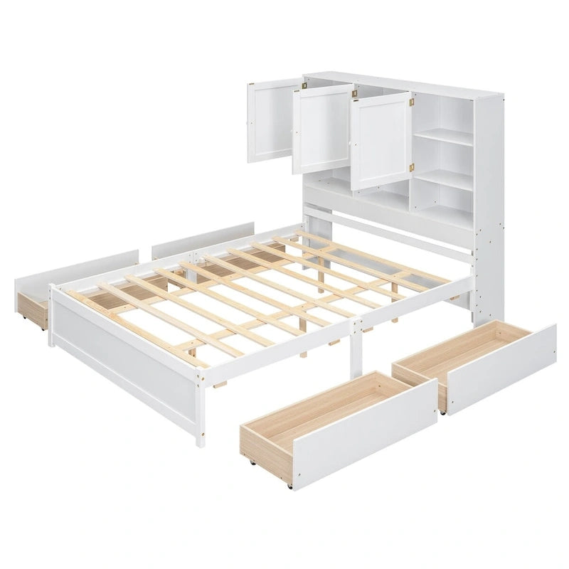 Queen Size Platform Bed with Storage Headboard and 4 Drawers
