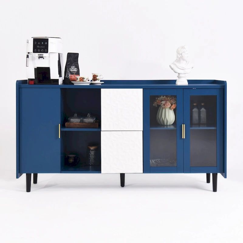 Buffet avec portes vitrées, 2 tiroirs et rangement ouvert