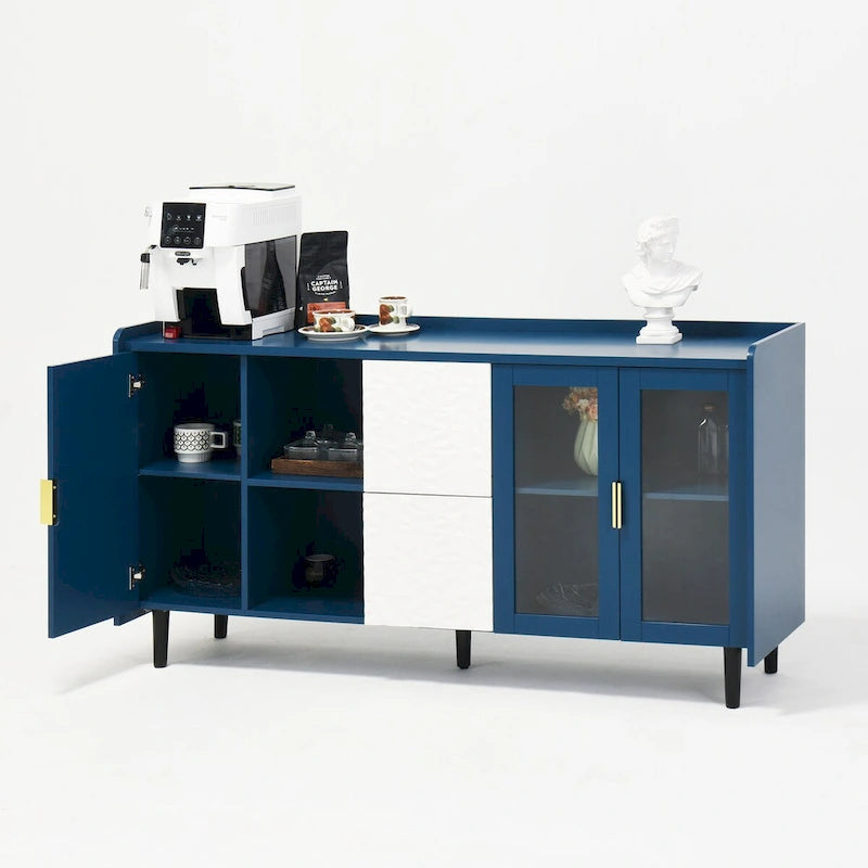 Buffet avec portes vitrées, 2 tiroirs et rangement ouvert