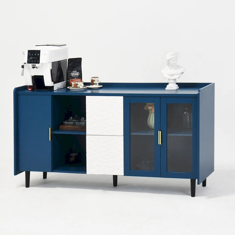 Buffet avec portes vitrées, 2 tiroirs et rangement ouvert