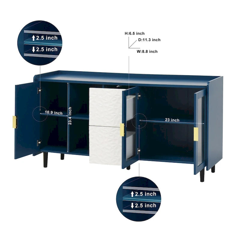 Buffet avec portes vitrées, 2 tiroirs et rangement ouvert