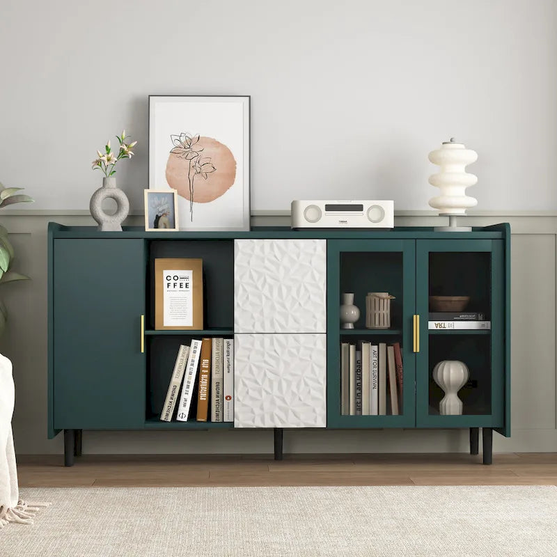 Buffet avec portes vitrées, 2 tiroirs et rangement ouvert