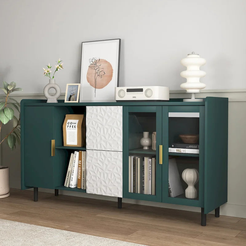 Buffet avec portes vitrées, 2 tiroirs et rangement ouvert