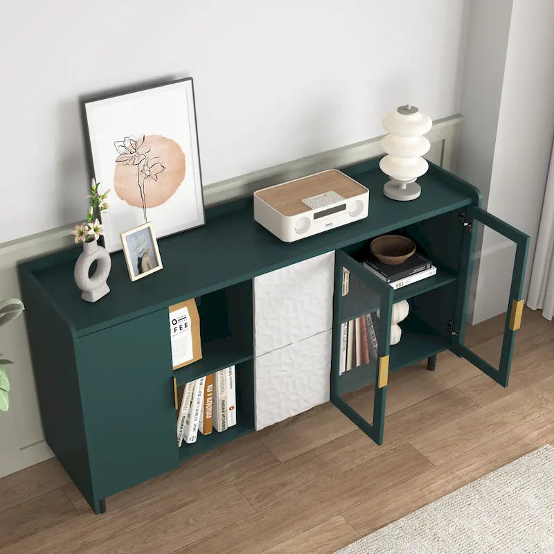 Buffet avec portes vitrées, 2 tiroirs et rangement ouvert