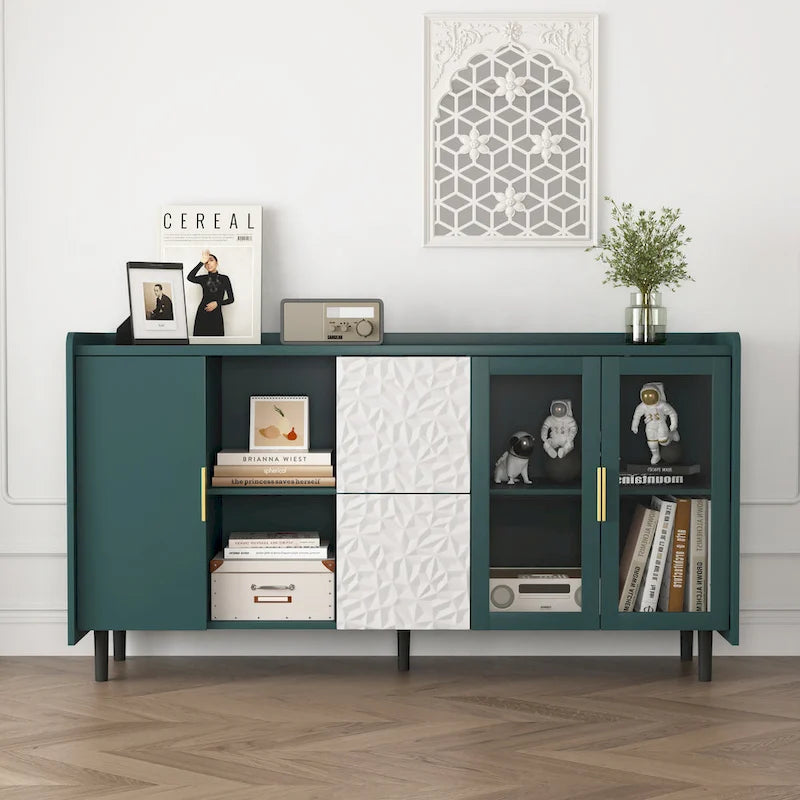 Buffet avec portes vitrées, 2 tiroirs et rangement ouvert