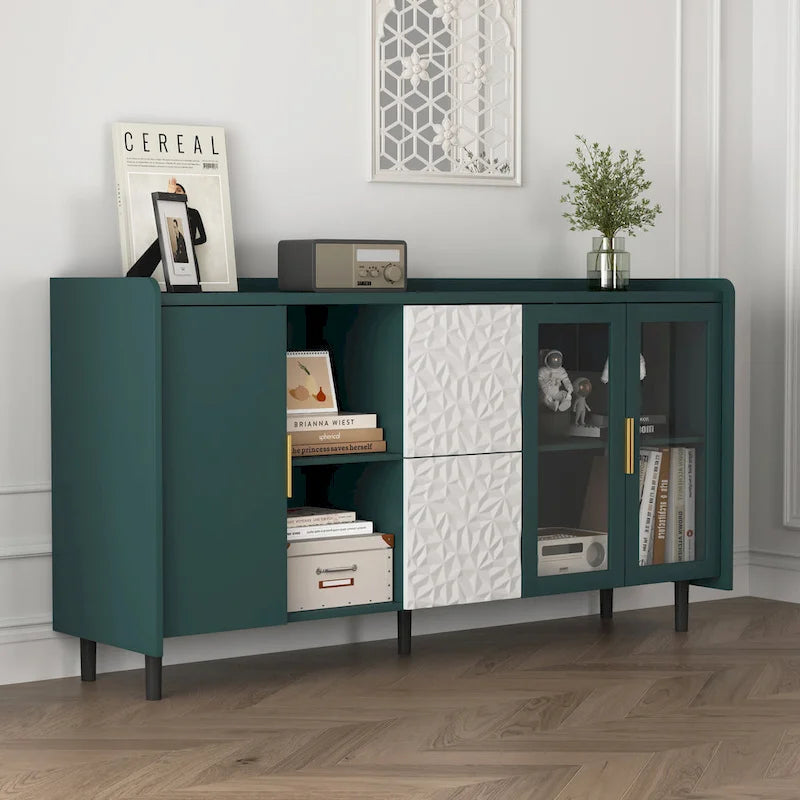 Buffet avec portes vitrées, 2 tiroirs et rangement ouvert