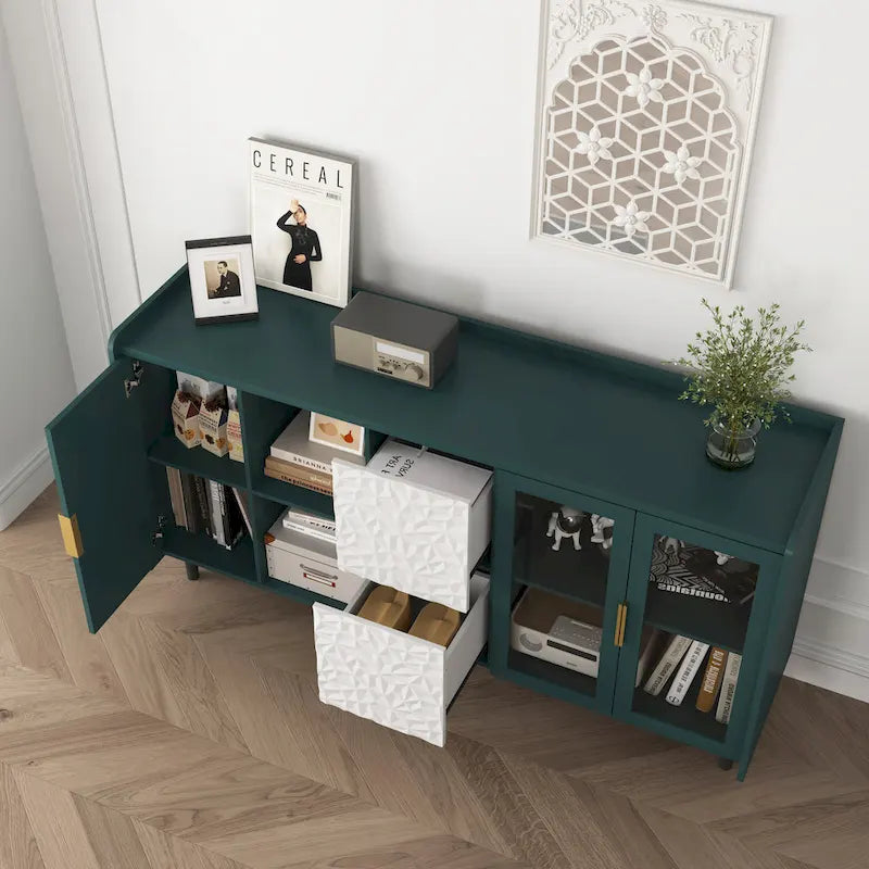Buffet avec portes vitrées, 2 tiroirs et rangement ouvert