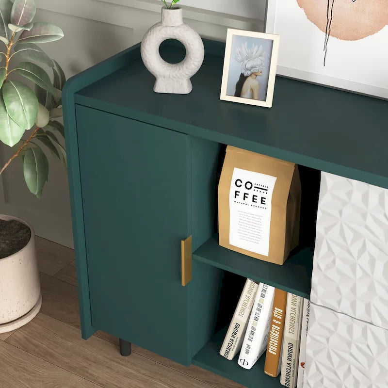 Buffet avec portes vitrées, 2 tiroirs et rangement ouvert