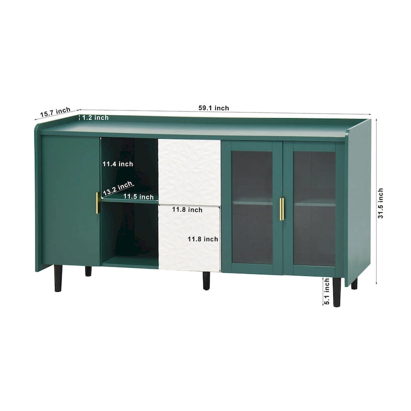 Buffet avec portes vitrées, 2 tiroirs et rangement ouvert