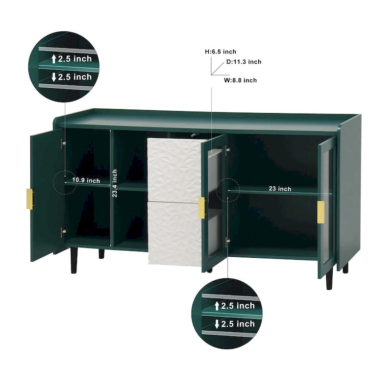 Buffet avec portes vitrées, 2 tiroirs et rangement ouvert