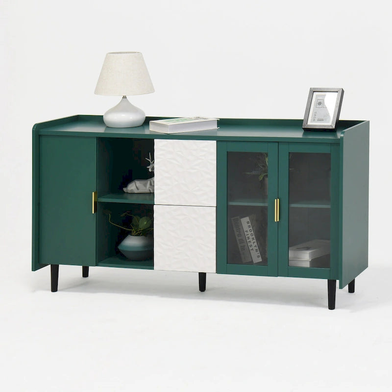Buffet avec portes vitrées, 2 tiroirs et rangement ouvert