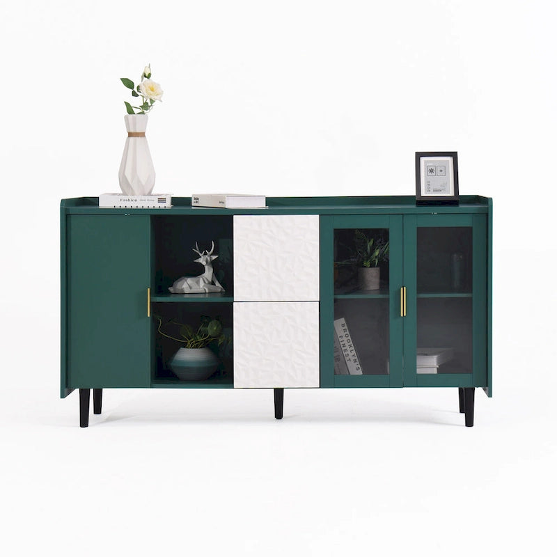 Buffet avec portes vitrées, 2 tiroirs et rangement ouvert