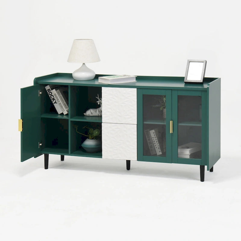Buffet avec portes vitrées, 2 tiroirs et rangement ouvert
