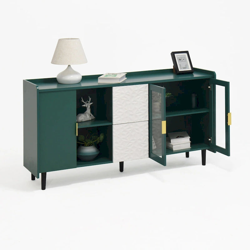 Buffet avec portes vitrées, 2 tiroirs et rangement ouvert
