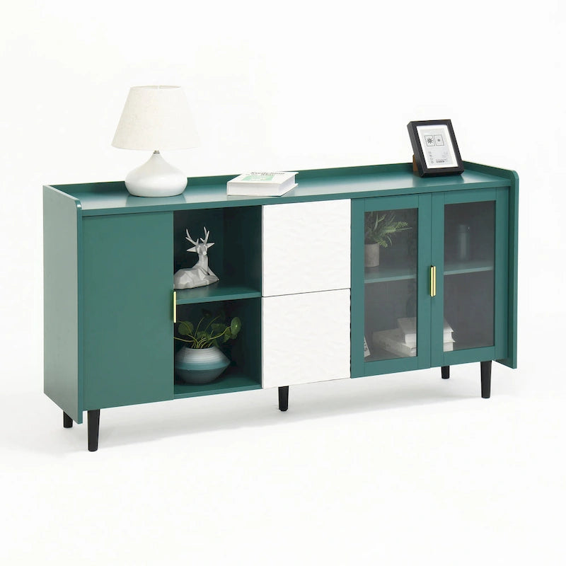 Buffet avec portes vitrées, 2 tiroirs et rangement ouvert