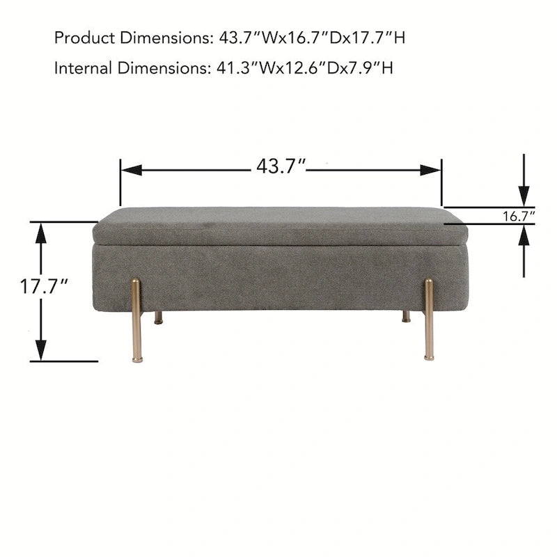 Banc de rangement en chenille verte avec pieds en métal doré