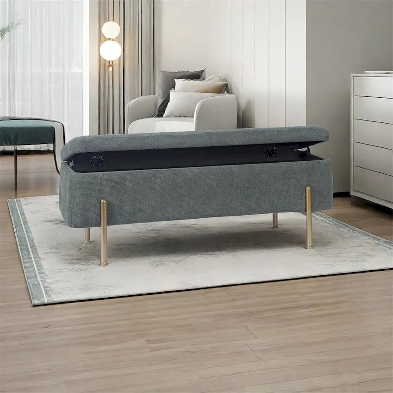 Banc de rangement en chenille verte avec pieds en métal doré