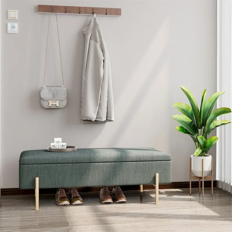 Banc de rangement en chenille verte avec pieds en métal doré