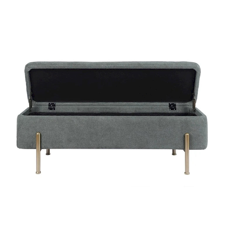 Banc de rangement en chenille verte avec pieds en métal doré