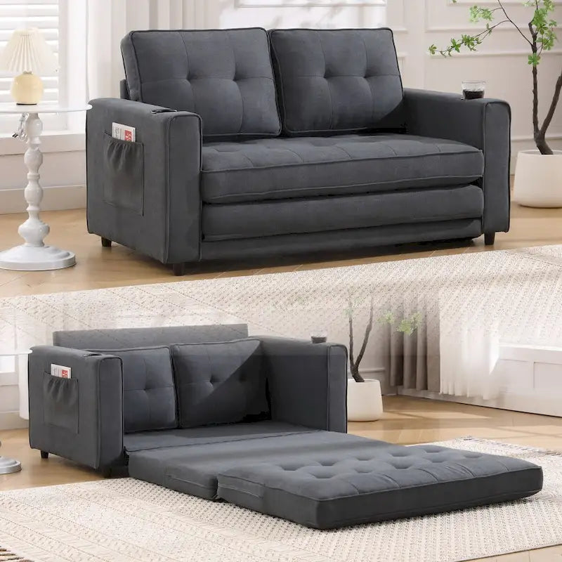 Upholstered Futon Sofa with Pull-Out Sleeper Couch, Muticolour Choice Foldable Tufted Loveseat With Cup Holder