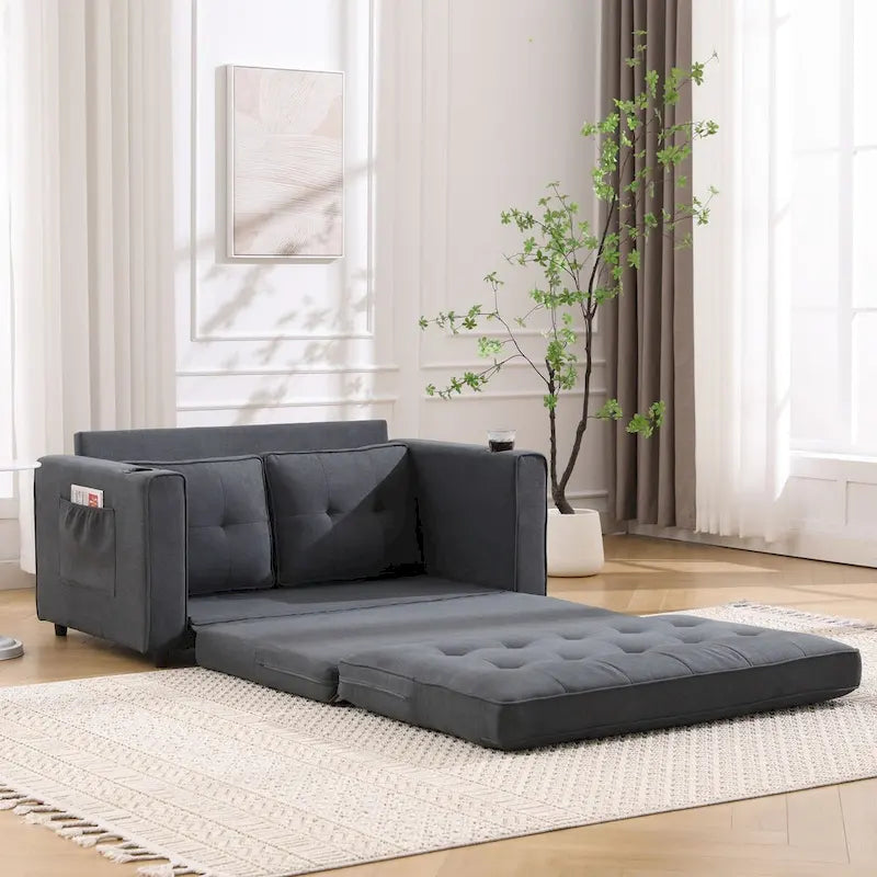 Upholstered Futon Sofa with Pull-Out Sleeper Couch, Muticolour Choice Foldable Tufted Loveseat With Cup Holder