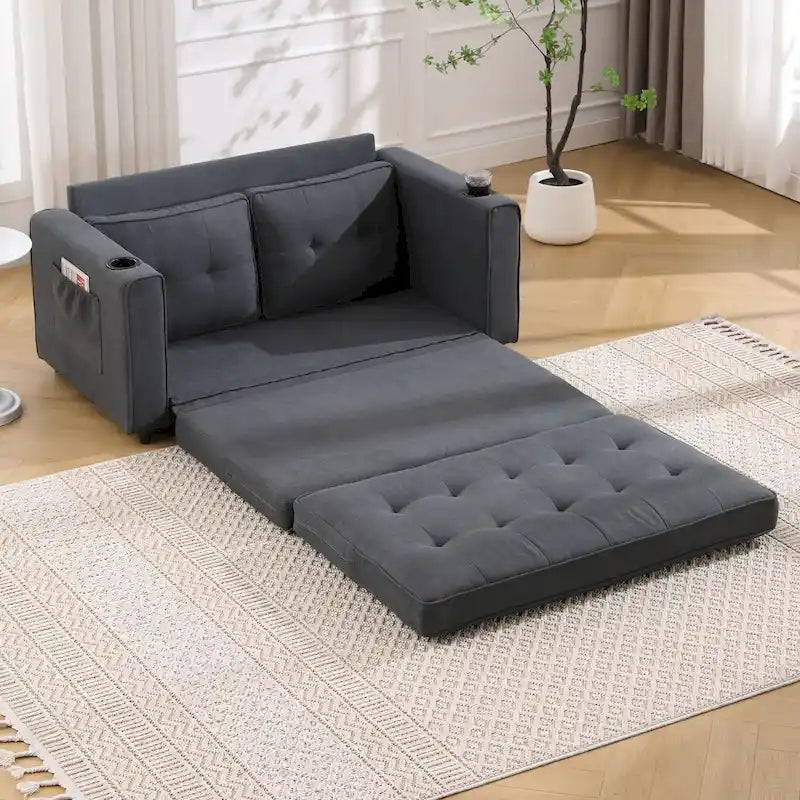 Upholstered Futon Sofa with Pull-Out Sleeper Couch, Muticolour Choice Foldable Tufted Loveseat With Cup Holder