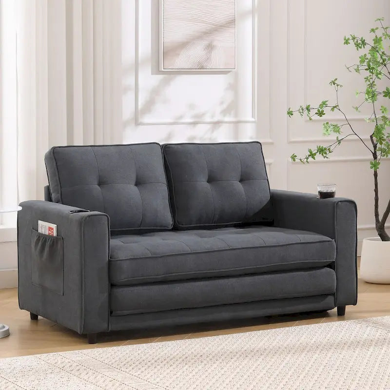 Upholstered Futon Sofa with Pull-Out Sleeper Couch, Muticolour Choice Foldable Tufted Loveseat With Cup Holder