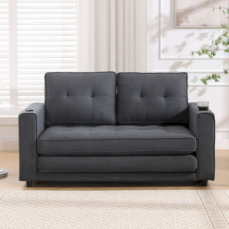 Upholstered Futon Sofa with Pull-Out Sleeper Couch, Muticolour Choice Foldable Tufted Loveseat With Cup Holder