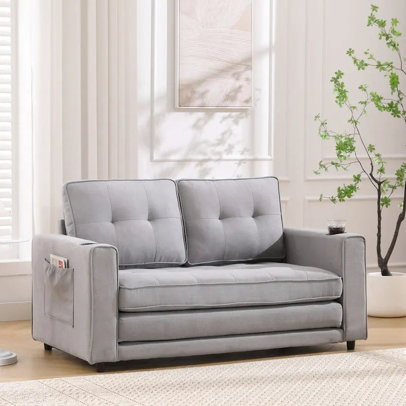 Upholstered Futon Sofa with Pull-Out Sleeper Couch, Muticolour Choice Foldable Tufted Loveseat With Cup Holder