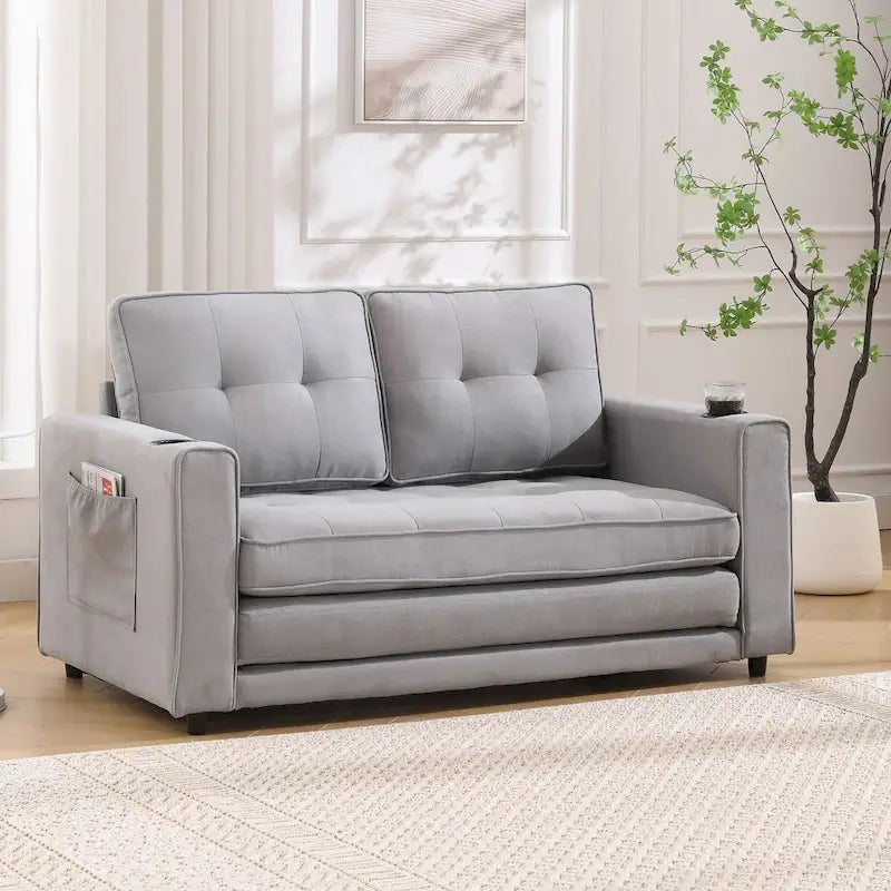 Upholstered Futon Sofa with Pull-Out Sleeper Couch, Muticolour Choice Foldable Tufted Loveseat With Cup Holder