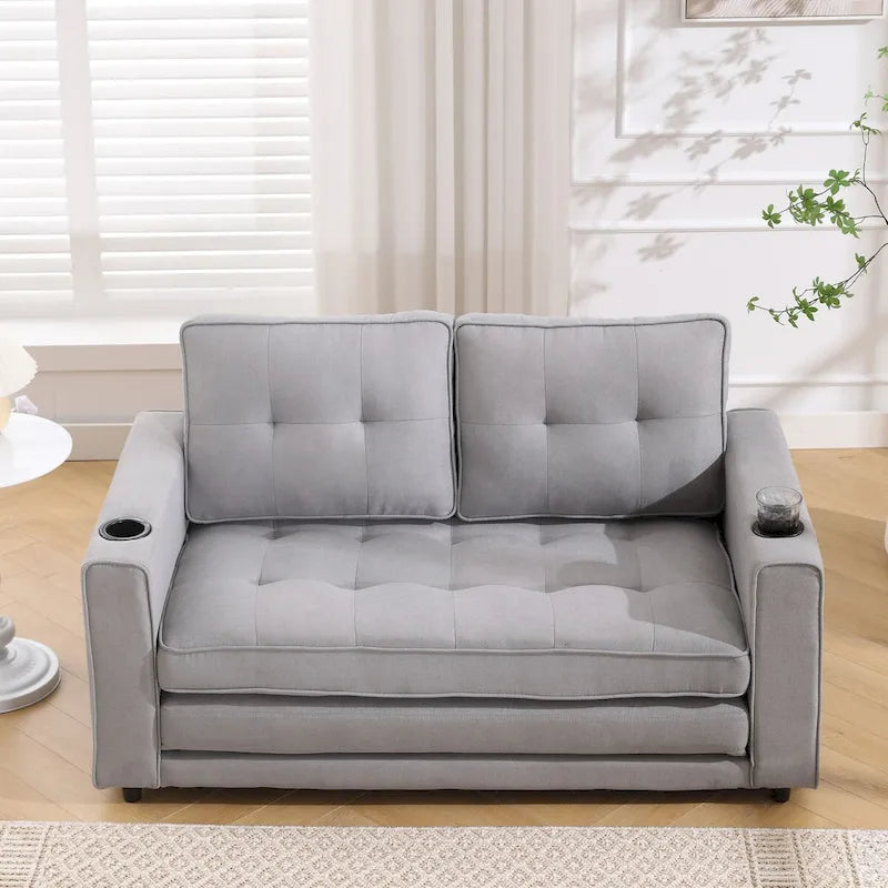 Upholstered Futon Sofa with Pull-Out Sleeper Couch, Muticolour Choice Foldable Tufted Loveseat With Cup Holder