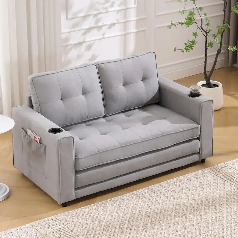 Upholstered Futon Sofa with Pull-Out Sleeper Couch, Muticolour Choice Foldable Tufted Loveseat With Cup Holder