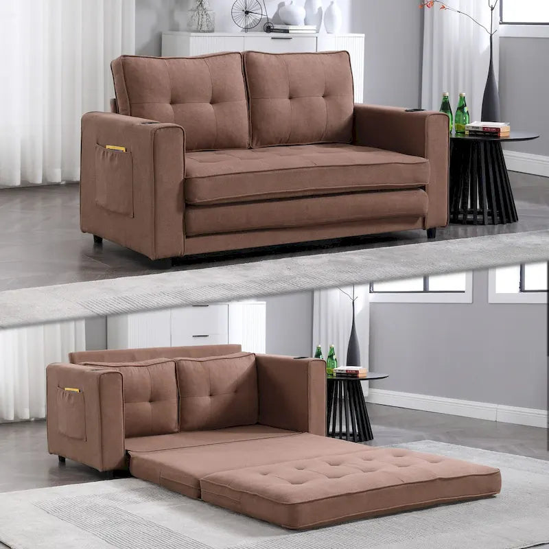 Upholstered Futon Sofa with Pull-Out Sleeper Couch, Muticolour Choice Foldable Tufted Loveseat With Cup Holder