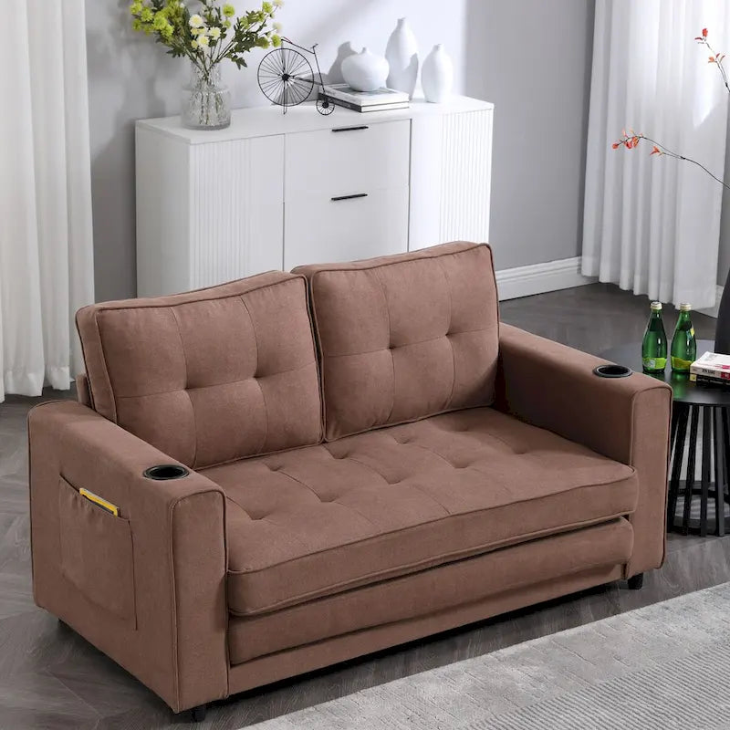 Upholstered Futon Sofa with Pull-Out Sleeper Couch, Muticolour Choice Foldable Tufted Loveseat With Cup Holder