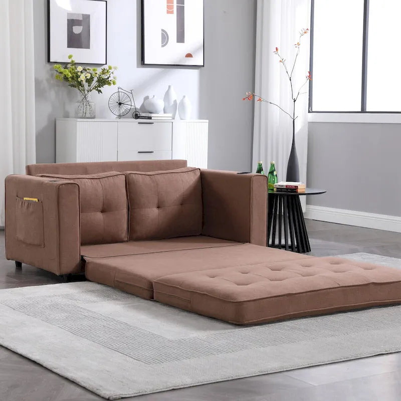 Upholstered Futon Sofa with Pull-Out Sleeper Couch, Muticolour Choice Foldable Tufted Loveseat With Cup Holder
