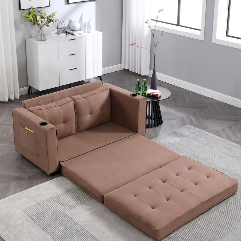 Upholstered Futon Sofa with Pull-Out Sleeper Couch, Muticolour Choice Foldable Tufted Loveseat With Cup Holder